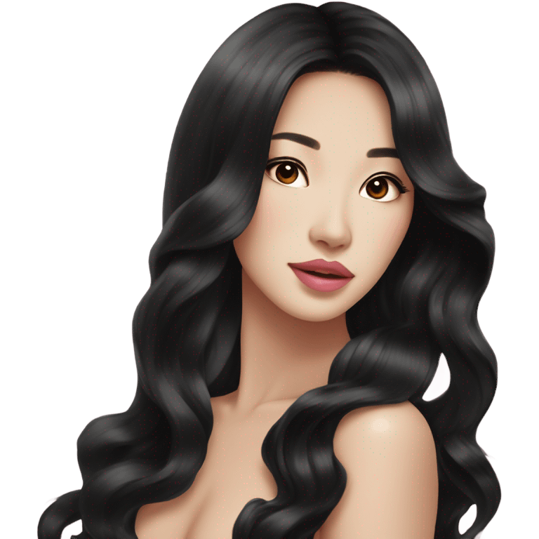 stunning asian woman black long wavy hair, light pink lips emoji