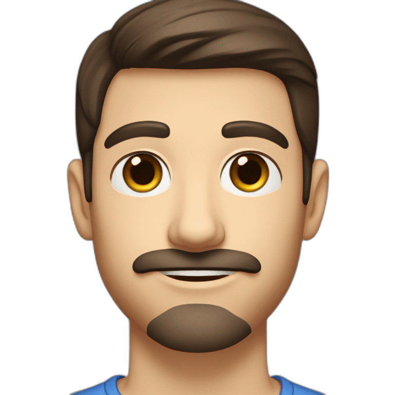 A young Caucasian man with dark brown eyes, almond-shaped eyes, short dark brown hair, and a small dark brown beard with a more prominent mustache. emoji