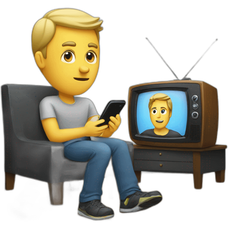 a man looking a phone in front of a television emoji