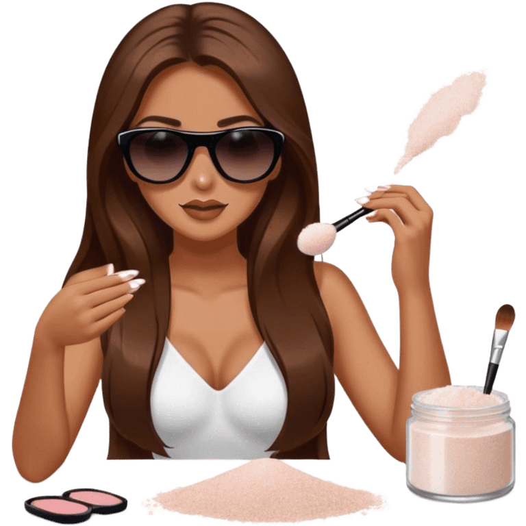 woman with long brown hair and sunglasses sprinkling salt that is falling from her hand onto some makeup that is on a table emoji