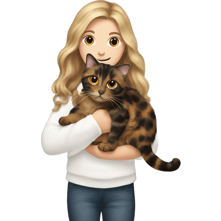 Tortoiseshell cat being held by a white girl with long wavy brown hair  emoji