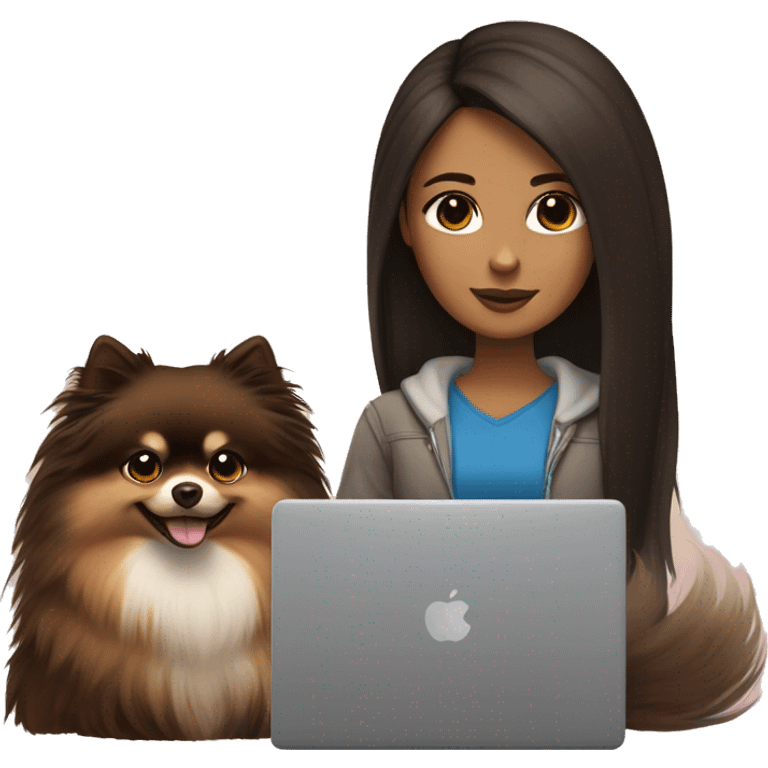 A girl with long dark brown hair, brown eyes in front of a laptop with a pomeranian next to her emoji