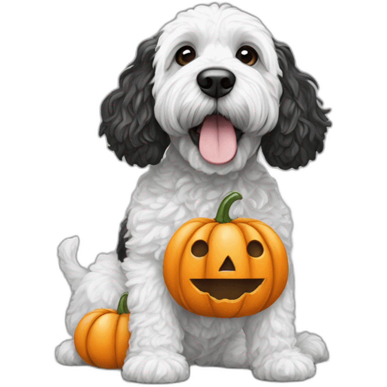 black and white doodle cockapoo with a pumpkin emoji