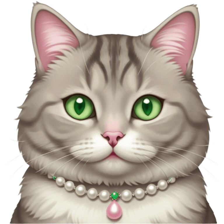 fluffy, slightly chubby, light grey tabby cat with green eyes, white tummy, and a pearl necklace  emoji