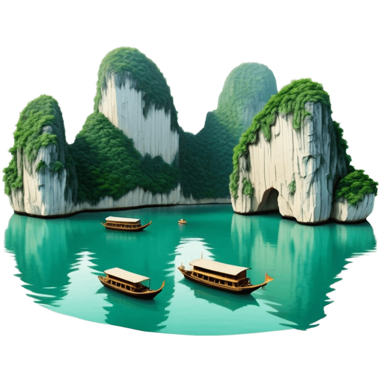 Cinematic Realistic Ha Long Bay Landscape Emoji, depicted with limestone karsts emerging from emerald waters rendered with intricate detail and dynamic natural lighting. emoji