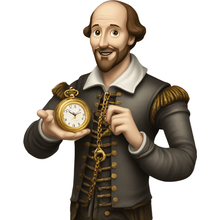 William Shakespeare holds an antique gold watch on a chain in his hand emoji