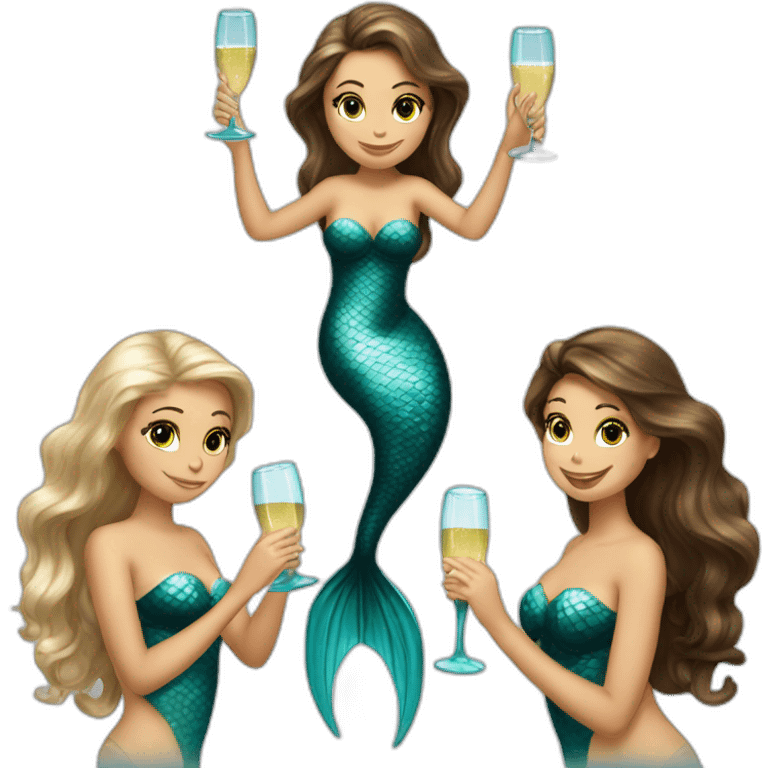 3 mermaids (2 brown hair with brown eyes and 1 blond with blue eyes) drinking champagne emoji