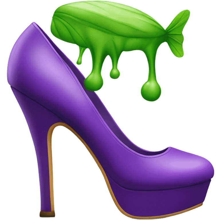 A purple platform high heel with green stink lines above it and 2 flies buzzing above it emoji