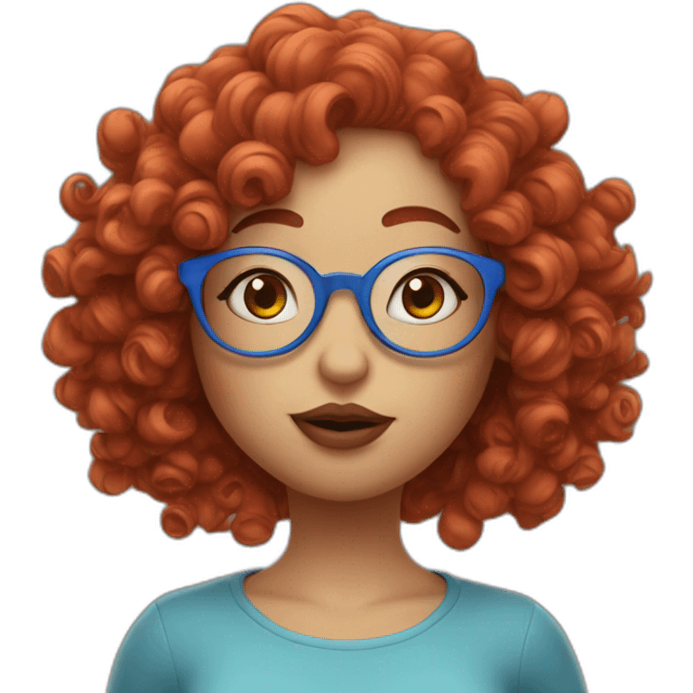 a curvy girl with curly red hair and blue glasses blowing a kiss emoji