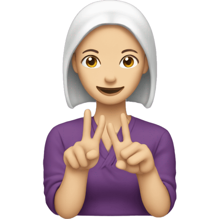 Plum making a peace symbol with her hands emoji