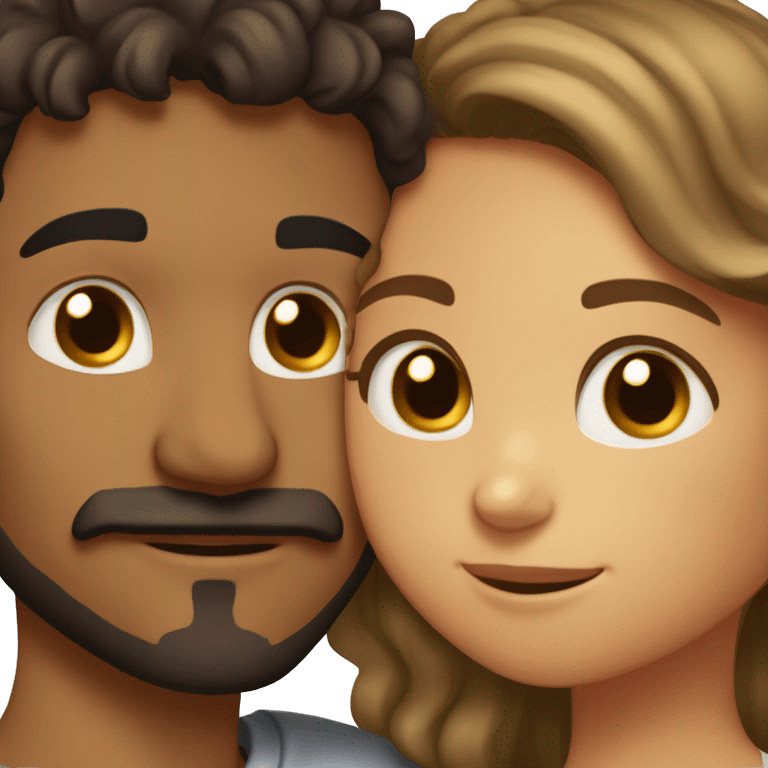 Girl with dark hair, hazel eyes and tan skin hugging a boy with brown curly hair, brown eyes and a mustache and goatee emoji