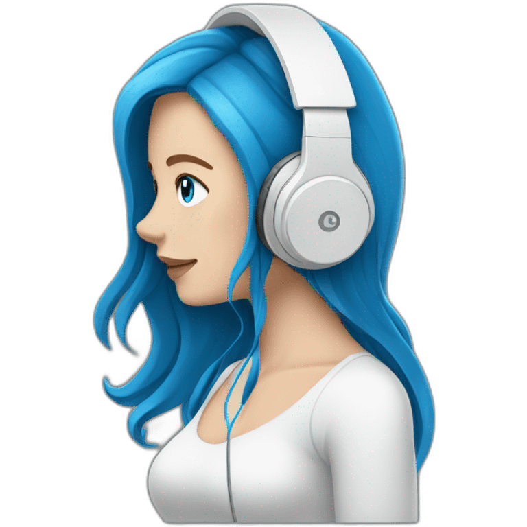 brunette white girl with long hair blue eyes listening to music with her phone in her hand with white wired headphones  emoji