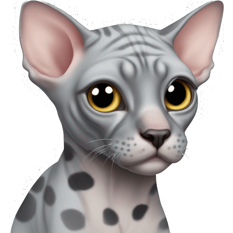 A chubby gray sphynx cat with black spots emoji