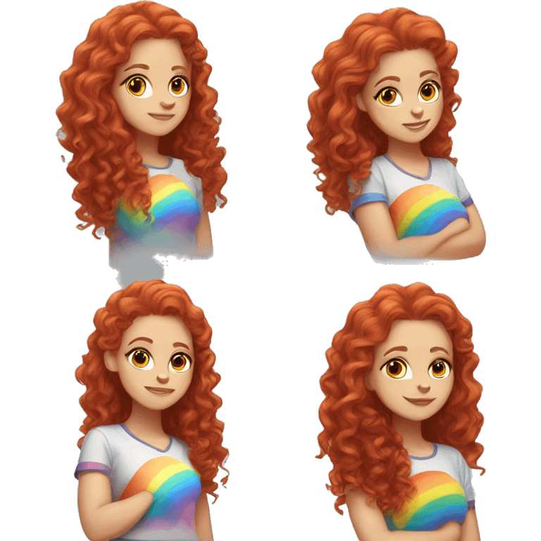 white girl with long red curly hair, wearing a rainbow cat shirt doing a pose emoji