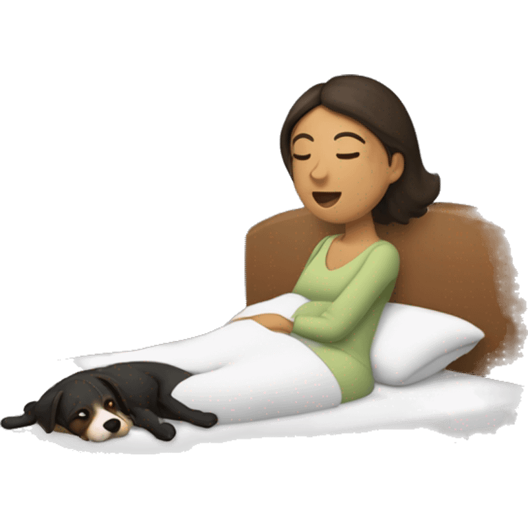 Mujer morena dormida en la cama abrazando a un cachorro blanco emoji