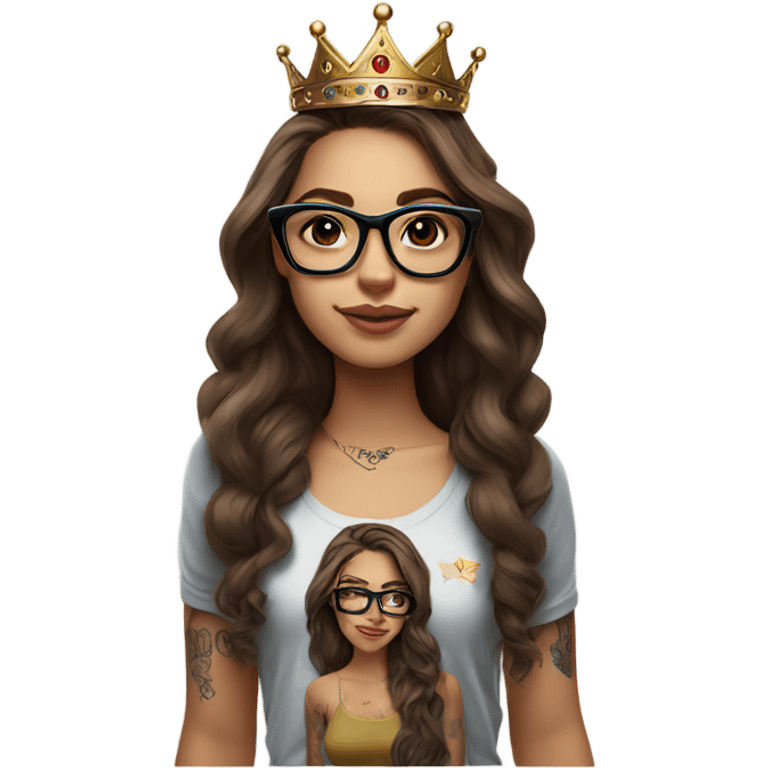 Hyperrealistic beautiful  girl, wearing a crown and glasses with tattoos, with long brown hair  emoji