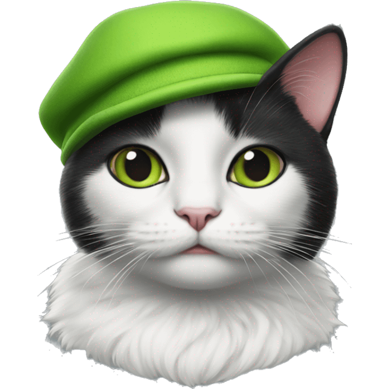 black and white cat with kermit the frog hat emoji