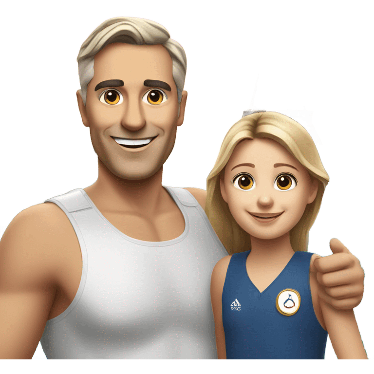 Smiling dad and daughter in front of Eiffel Tower Olympic rings emoji