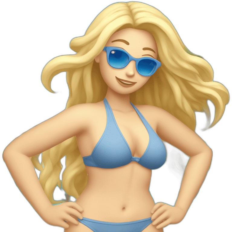 One Slim-thicc Caucasian woman with blue-eyes and blond-hairs bikini hands-in-hair-pose (wonderful beach body) full body emoji