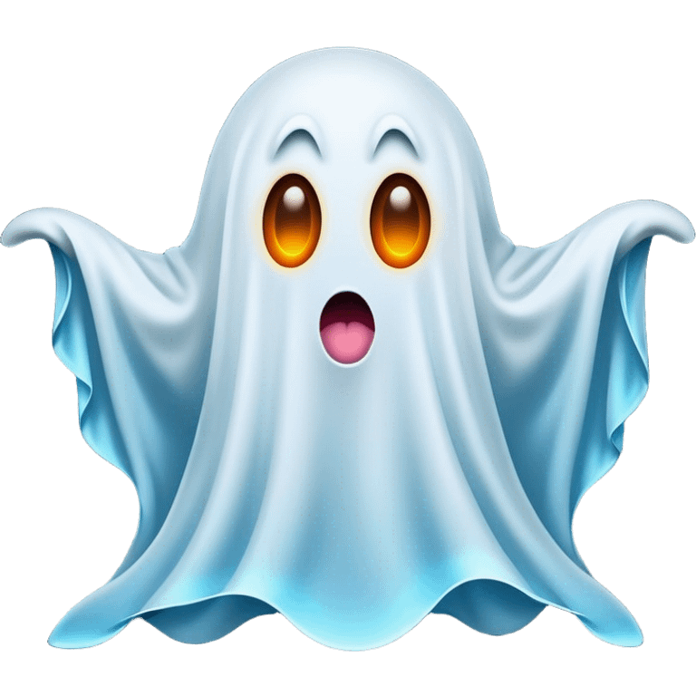 A hilariously exaggerated floating sheet ghost, its simple yet expressive form billowing with animated energy in vibrant whites and pale blues, with two wide, comically shocked eyes and a quirky, startled mouth, simplified yet overflowing with personality, highly detailed with a soft neon-like glowing outline, capturing the playful absurdity of a ghost caught off guard! emoji