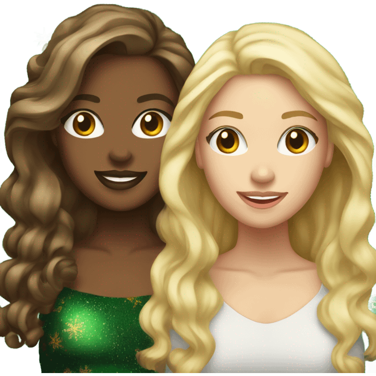 Two light skinned brunettes with a light skinned blonde next to a Christmas tree emoji