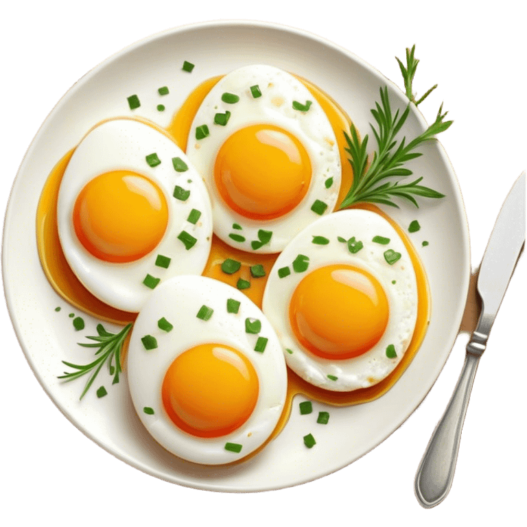 Cinematic sunny-side-up eggs, perfectly cooked with glossy yolks, crispy golden edges, sprinkled with fresh herbs, served on a rustic plate, bright and inviting, highly detailed and appetizing. emoji