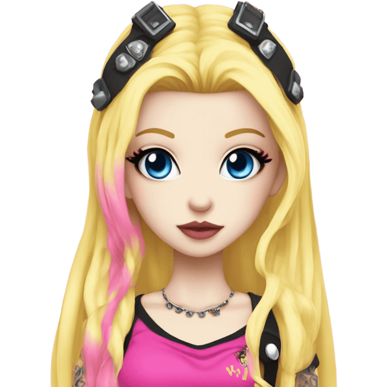 Blue eyed pale hime gyaru girl, hot pink and yellow split-dyed hair, dark makeup, punk clothes emoji