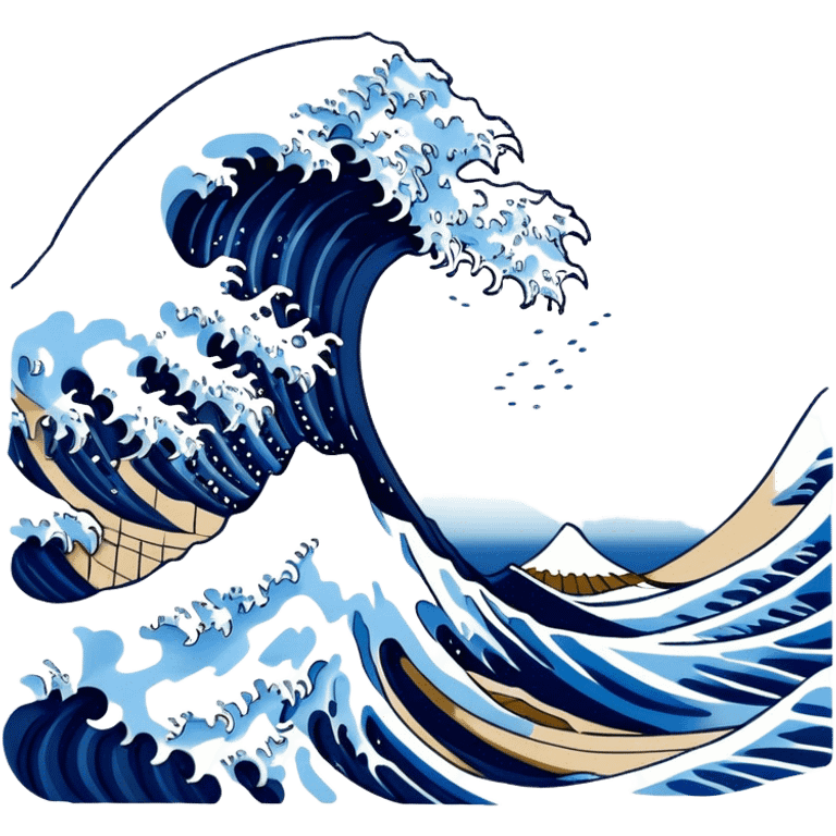 Cinematic Realistic Great Wave off Kanagawa, depicted as a colossal, crashing wave with dynamic blue hues and frothy white crests, rendered with intricate textures and fluid motion that captures both the timeless power and poetic beauty of the iconic Japanese artwork emoji