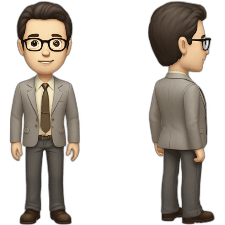 Full height Pale skinned Fit Man With dark brown hair in gray jacket, beige office shirt, tie, Brown pants and vintage glasses. Thrumbs of his palms directed up emoji