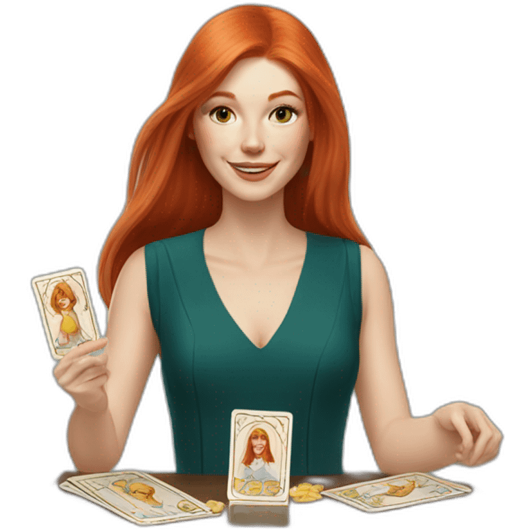 redhead white woman medium long straight hair, celebrating graduation with tarot cards emoji