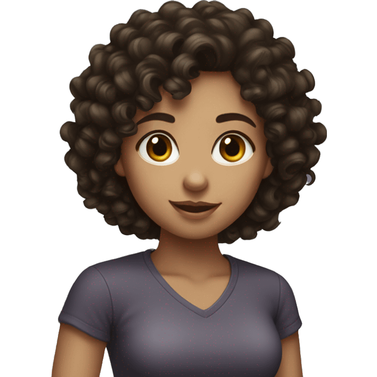 A girl with dark brown curly hair and  emoji