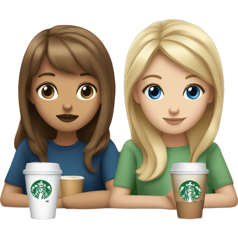 Blonde girl with Blue eyes  and brown haired girl with bangs and hazel  eyes, drinking Starbucks  emoji