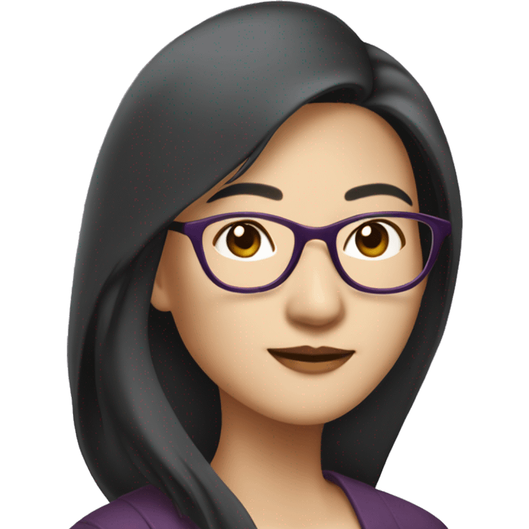 Elegant asian woman in her 40s, wearing rimless spectacles, long hair, slightly plum emoji