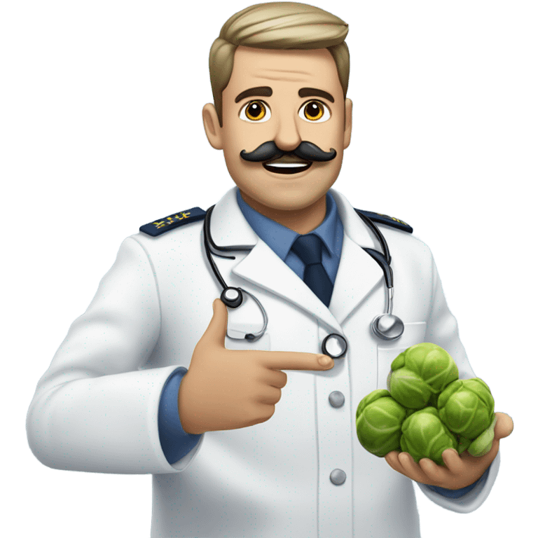 Navy doctor with moustache being goofy with Brussels sprouts  emoji