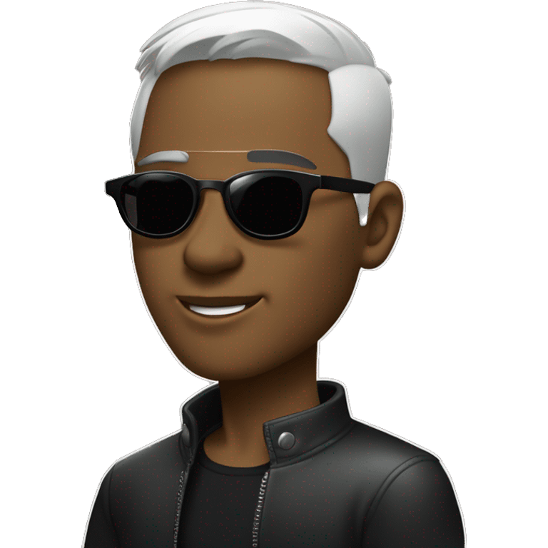 Portrait of stylish young man, sliver under-cut hair style, wearing rounded ear-rings, wearing black sunglasses emoji