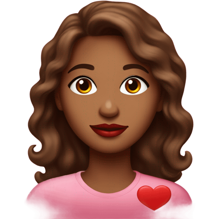 brown lady, medium brown long wavy hair, bright red lips, eyelashes, wearing red “happy Valentine’s Day” t shirt emoji