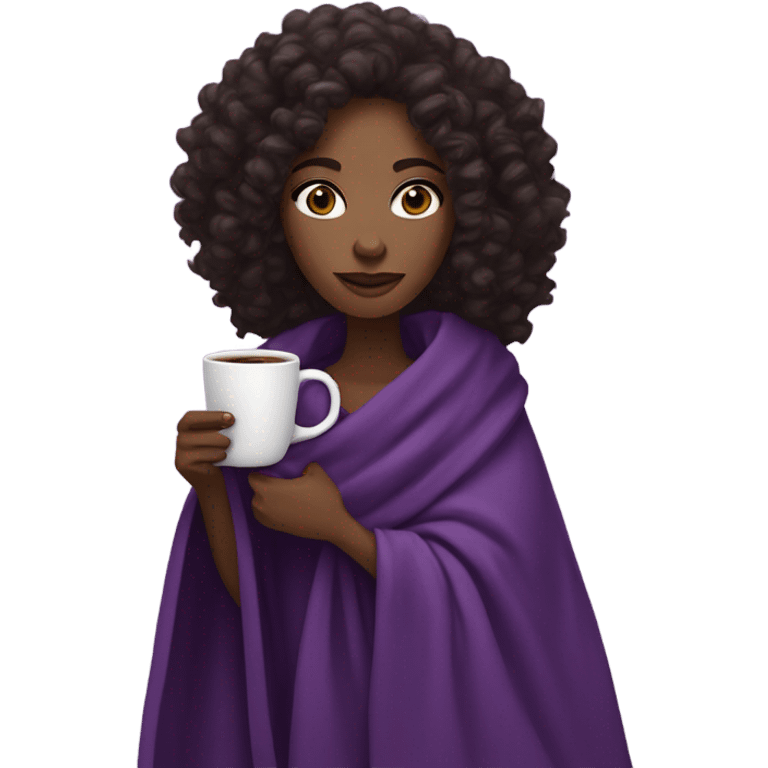 A black woman with dark brown eyes and long curly hair  with a purple blanket wrapped over her shoulders, holding a purple mug of coffee emoji