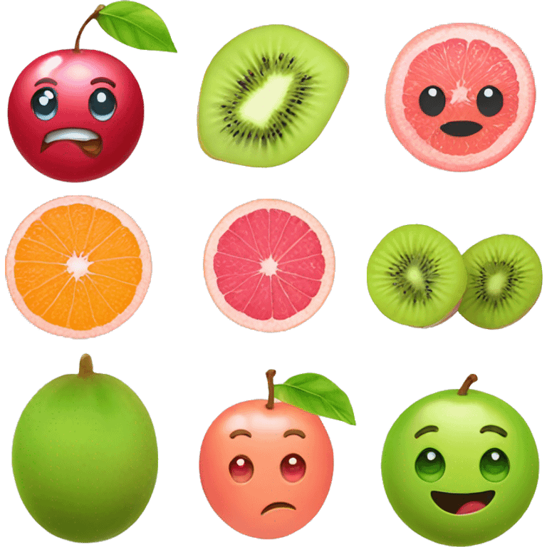 Personifications of a red cherry, green kiwi and pink grapefruit together smiling emoji