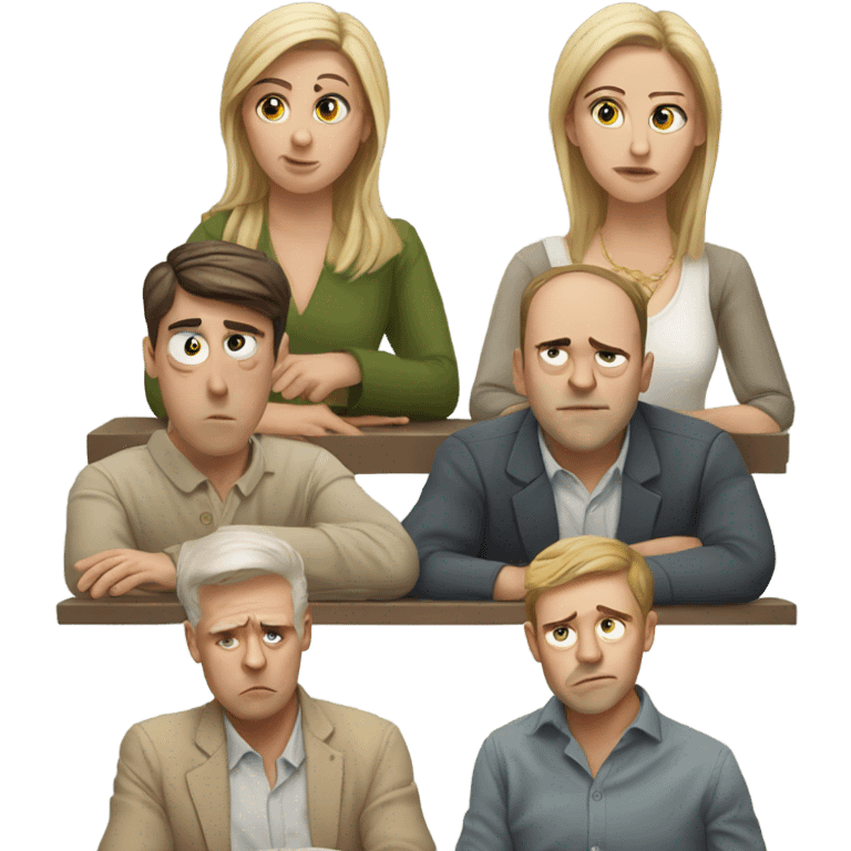 6 Caucasian people sitting around a table looking unhappy emoji