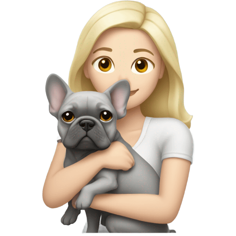 Blonde woman hugging light gray French bulldog  emoji