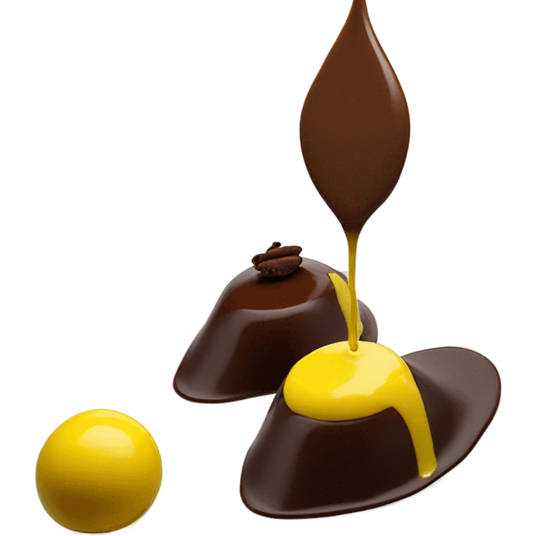 1 Chocolate quenelle and 1 vanilla quenelle on a fine dining glass plate with 3 small drops of yellow sauce as decoration emoji