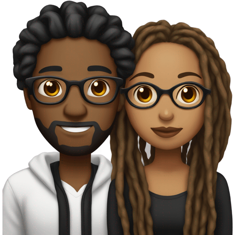 black couple with locs, male lightskin with long black locs, female brown skin with glasses and BLACK locs tied up kissing full body emoji