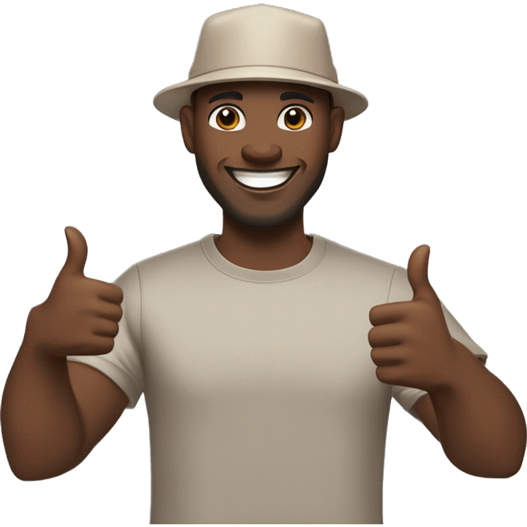 a software engineer with a dark complexion, wearing a beige hat , grey t shirt holding a dell precision 5680 laptop on his left hand and his right hand doing a thumbs up, he should be turning a bit from the camera while still facing it, with a big smile emoji