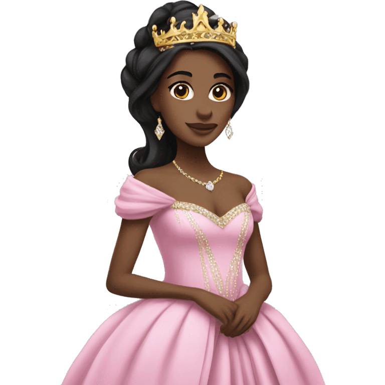 princess with black long hair, pink gown, gold crown, white skin, diamonds emoji