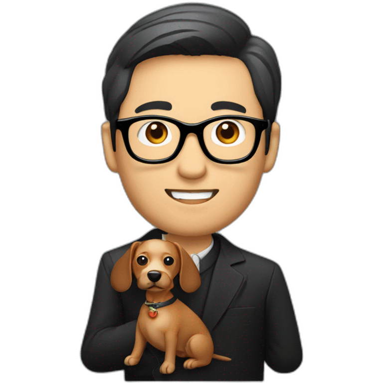 An asian man tailor wearing black framed glassed holding a sausage dog emoji