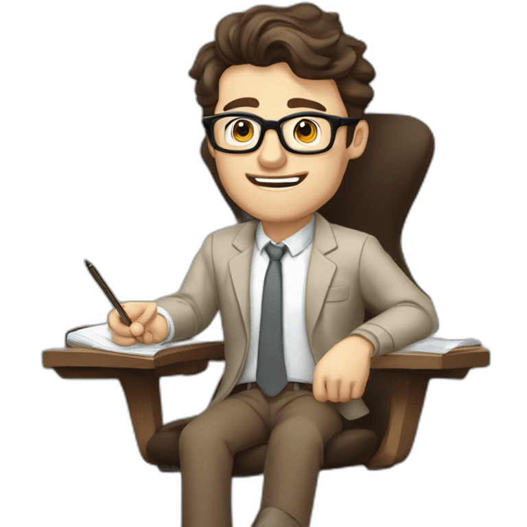 Pale skinned Fit Man With dark brown hair in gray jacket, beige office shirt, Brown pants and vintage glasses In the joke cap sitting In a soft chair with a notebook and a pen  emoji