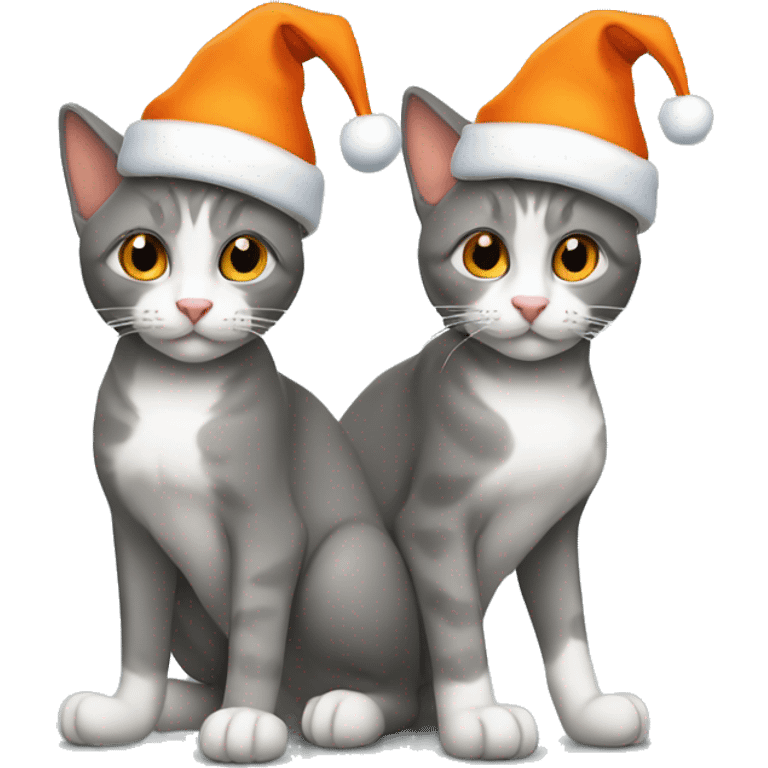 Two cats gray and orange are wearing Christmas hats emoji