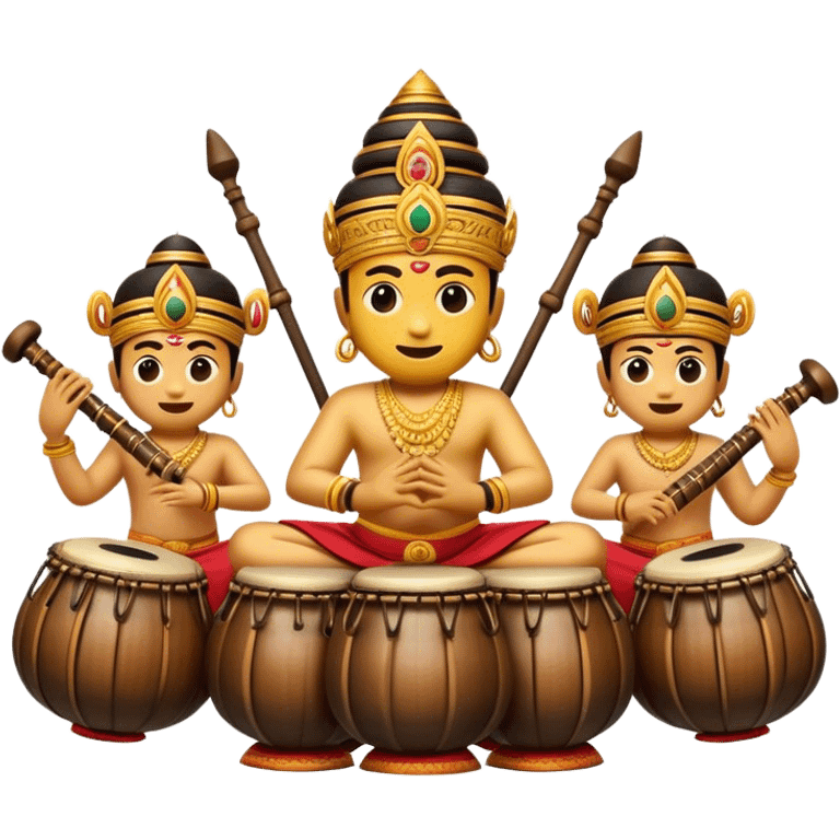 Cinematic Realistic Gamelan Pop Culture Emoji, depicted with an ensemble of traditional Indonesian instruments rendered with rich textures and rhythmic, cultural lighting. emoji