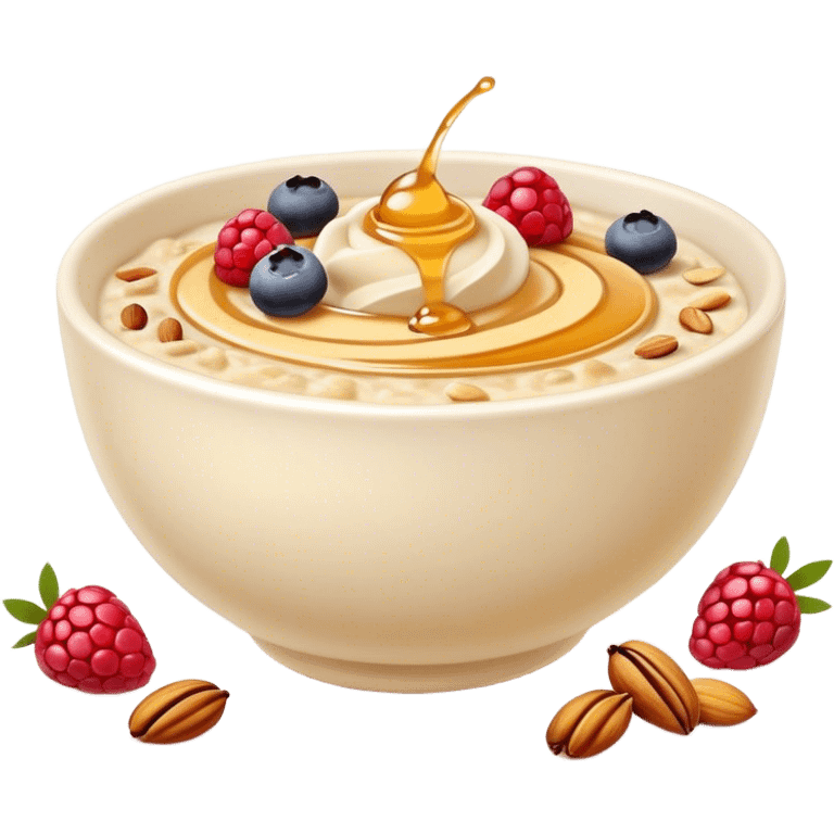 Cinematic creamy oatmeal, smooth texture with a swirl of honey on top, garnished with fresh berries and nuts, warm and comforting, cozy golden tones, rich and delicious. emoji