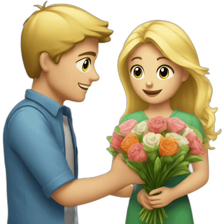 A boy who offers a bouquet of flowers to a pretty blonde emoji